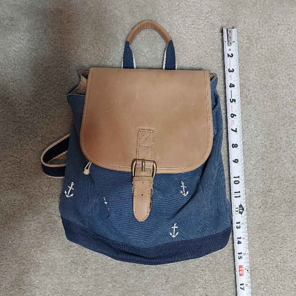 L.L. Bean Vintage Canvas & Leather Backpack Small Anchor Pattern Nautical Boho - Picture 11 of 13